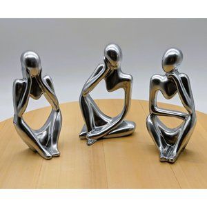 The Thinker Trio Shiny Silver Colored Figurines from Resin Handmade NEW